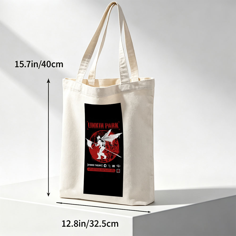 Linkin Park Album Cover Featuring Angelic Figure with Wings and Spear Against Red Circle Background - Canvas tote bags