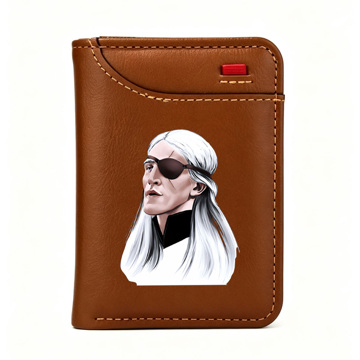 White-Haired Man with Eye Patch, Long Hair, Dark Clothing, Profile View - Vertical Style Wallet