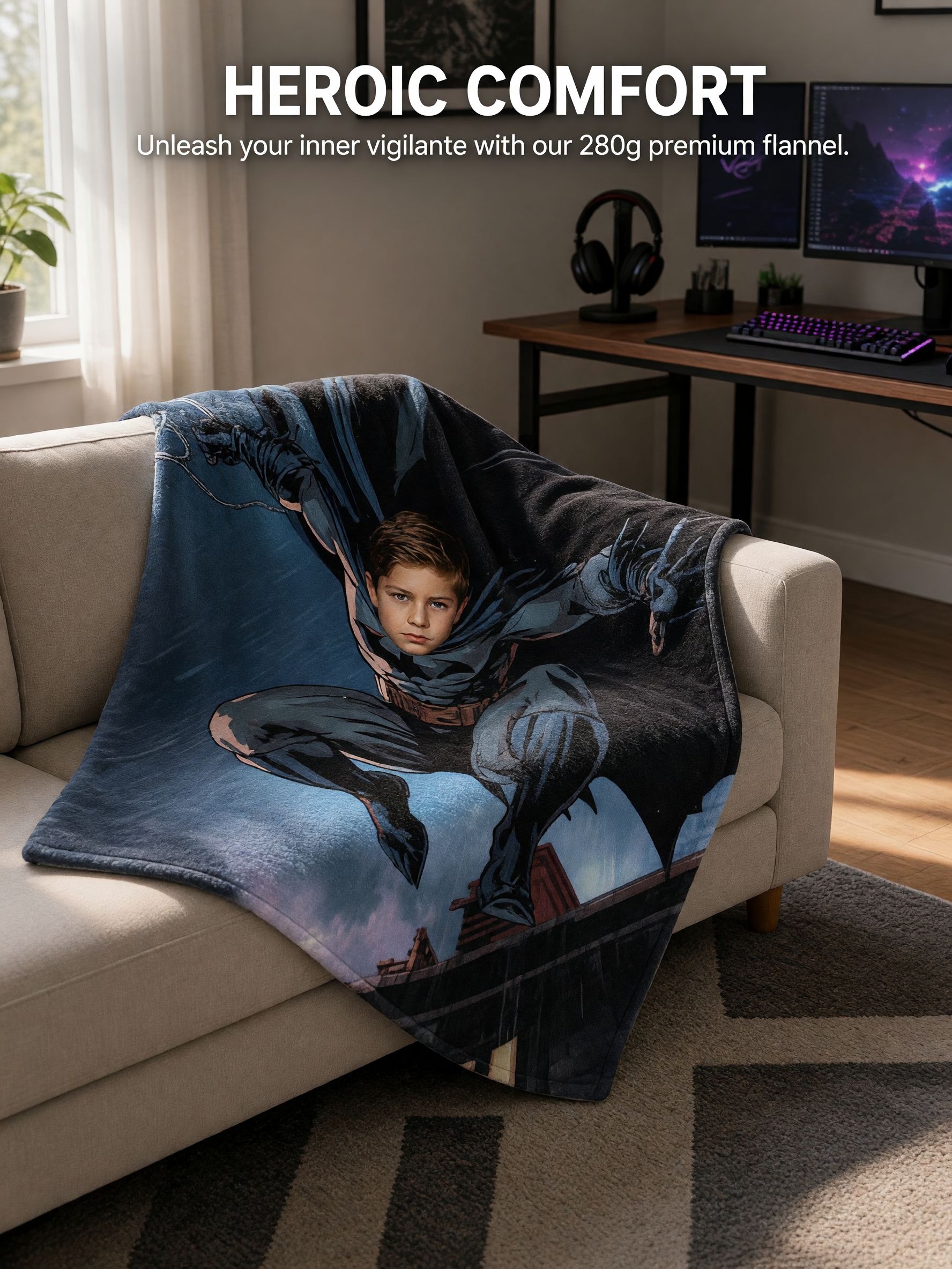 Custom Superhero Face Photo Blanket Personalized Flannel Fleece Throw for Bed Couch Skin Friendly Warm Comic Gift