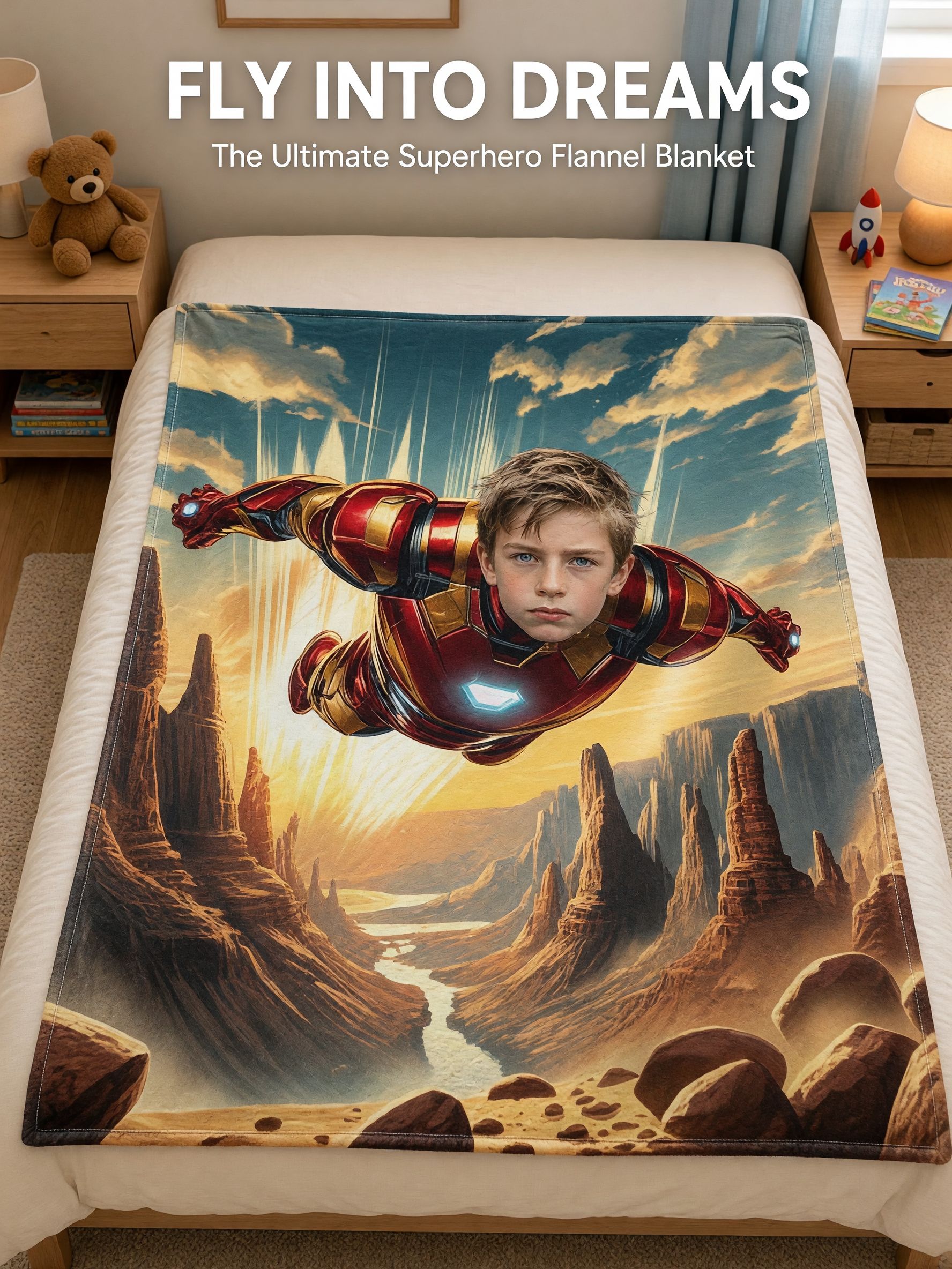 Personalized Superhero Face Photo Flannel Blanket Custom Armored Flying Hero Throw for Kids Couch Bed