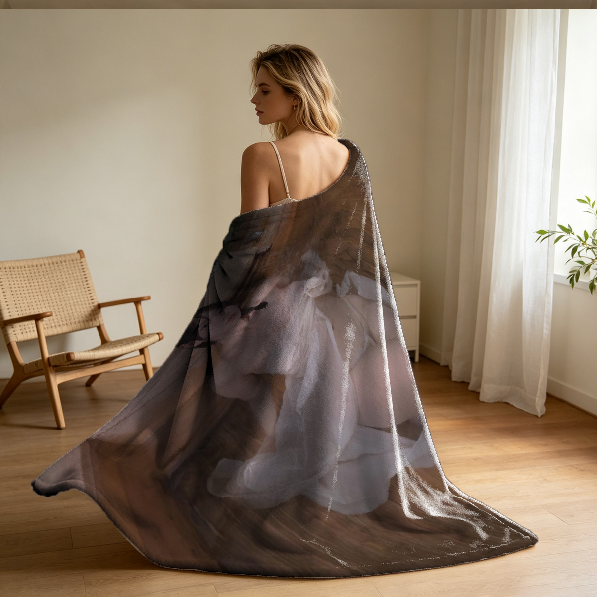 Nude woman with brown hair standing by window overlooking city skyline - Blanket