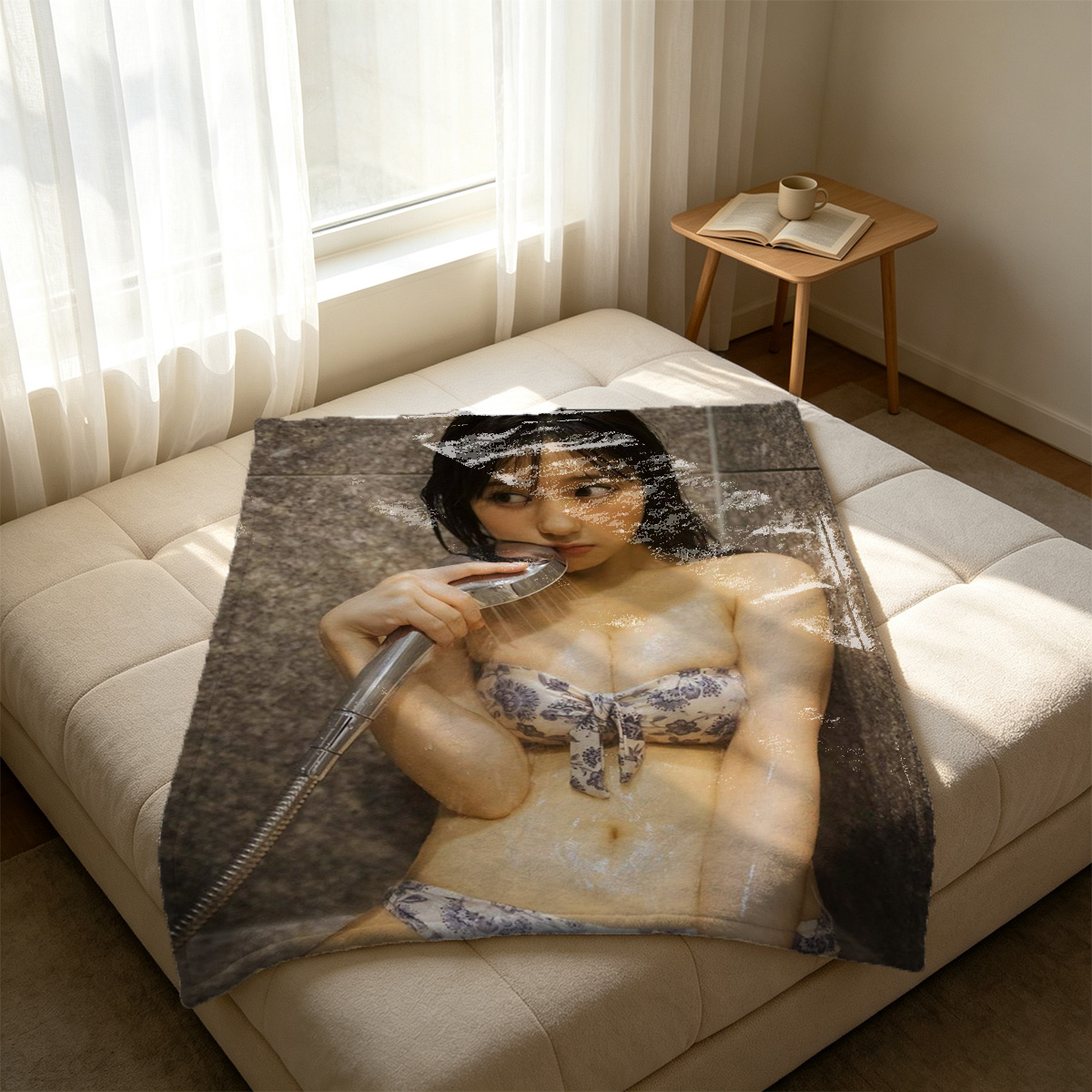 Smiling nude brunette on patterned pillow - Blanket