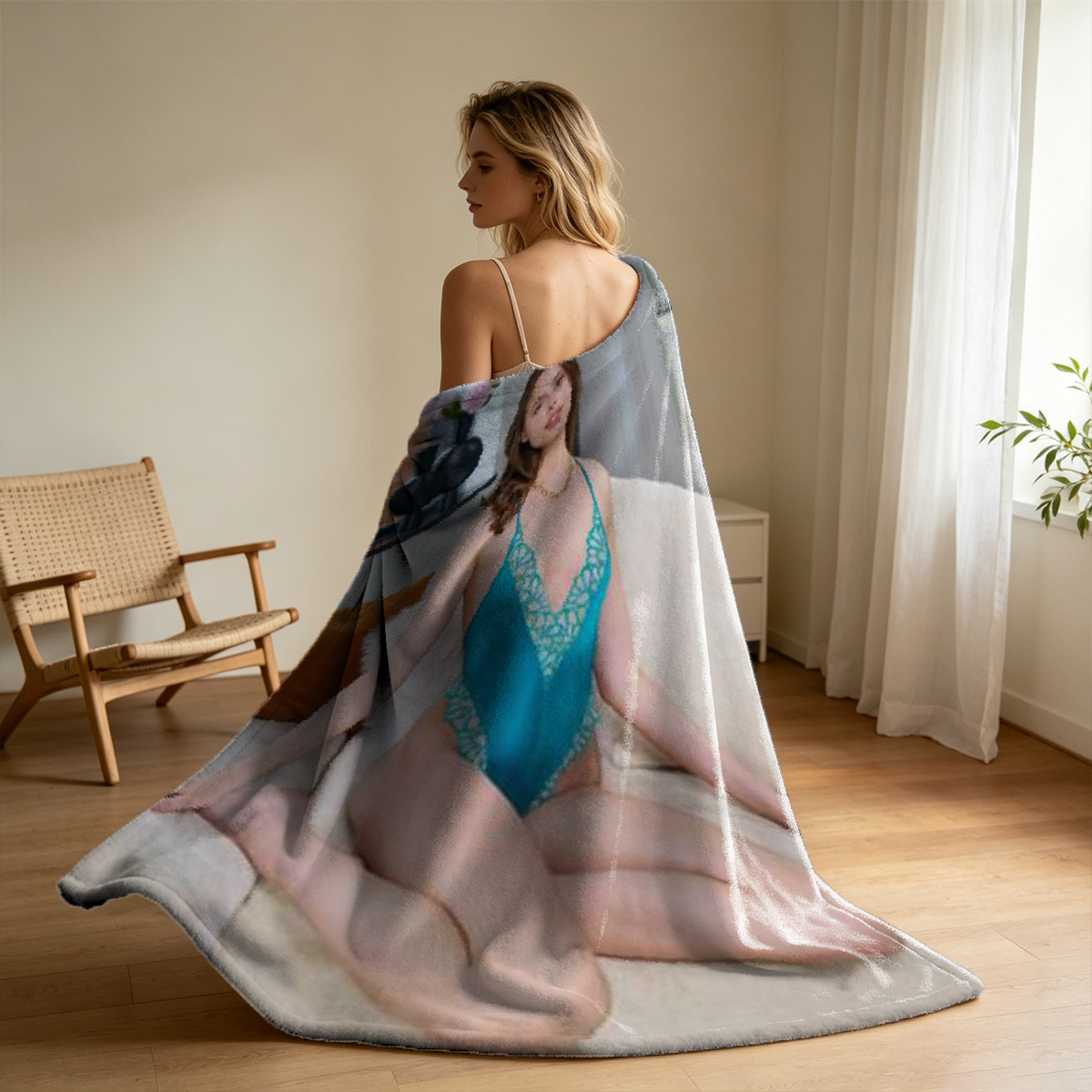 Blonde Woman in Teal Lace Lingerie Having Breakfast in Bed - Blanket