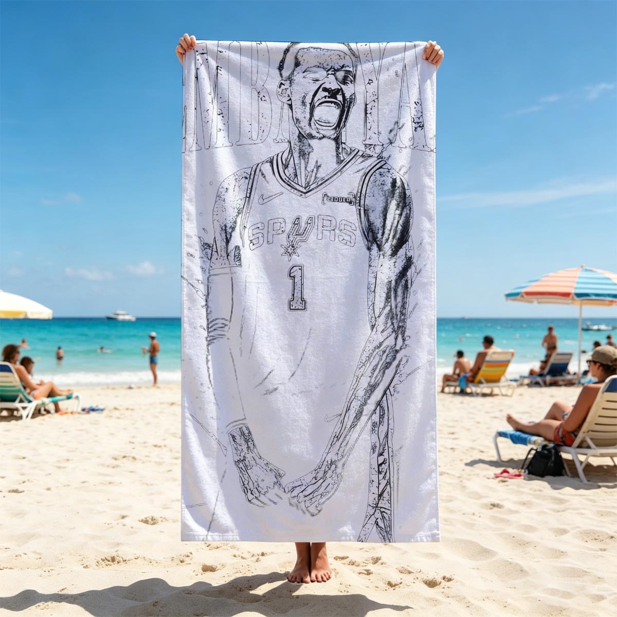 Wembanyama in Spurs Jersey, #1, Basketball Player, Artist Signature - Beach towels