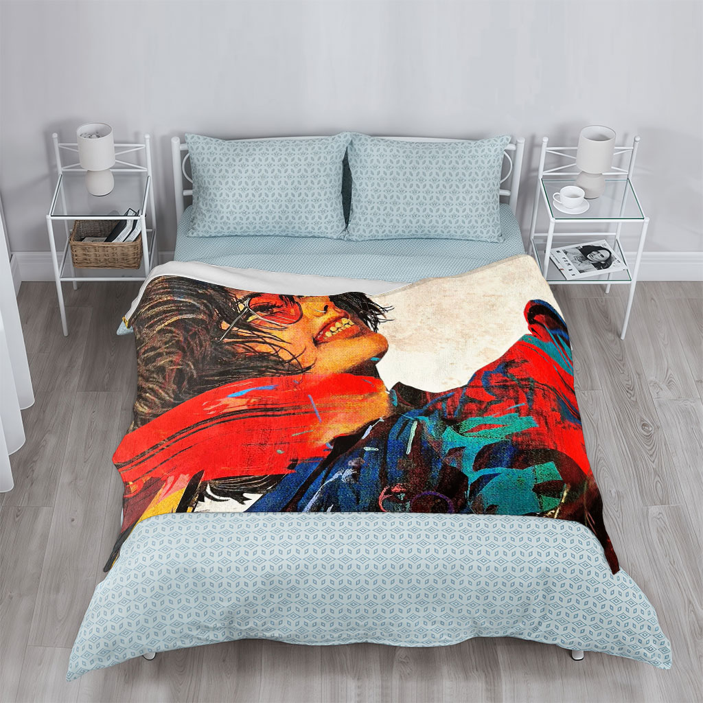 Billie Eilish in a Vibrant Artistic Portrait with Bold Colors and Abstract Elements - Blankets