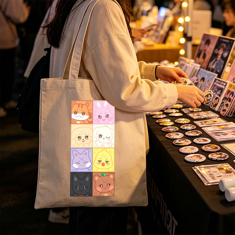 Cute Animal Characters Grid Featuring Kawaii Cartoon Animals in Colorful Squares - Canvas tote bags