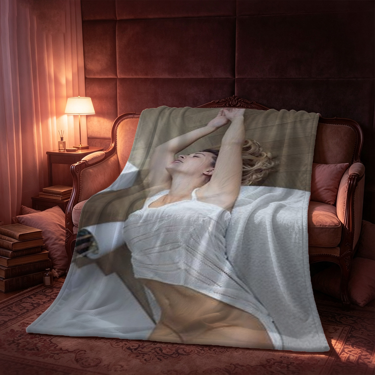 A woman in white lingerie relaxing in a milky bubble bath. - Blanket