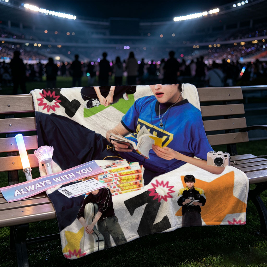 RIIZE Members in Casual Moments Reading, Playing Guitar, and Riding Bike with Vibrant Star Background - Blankets
