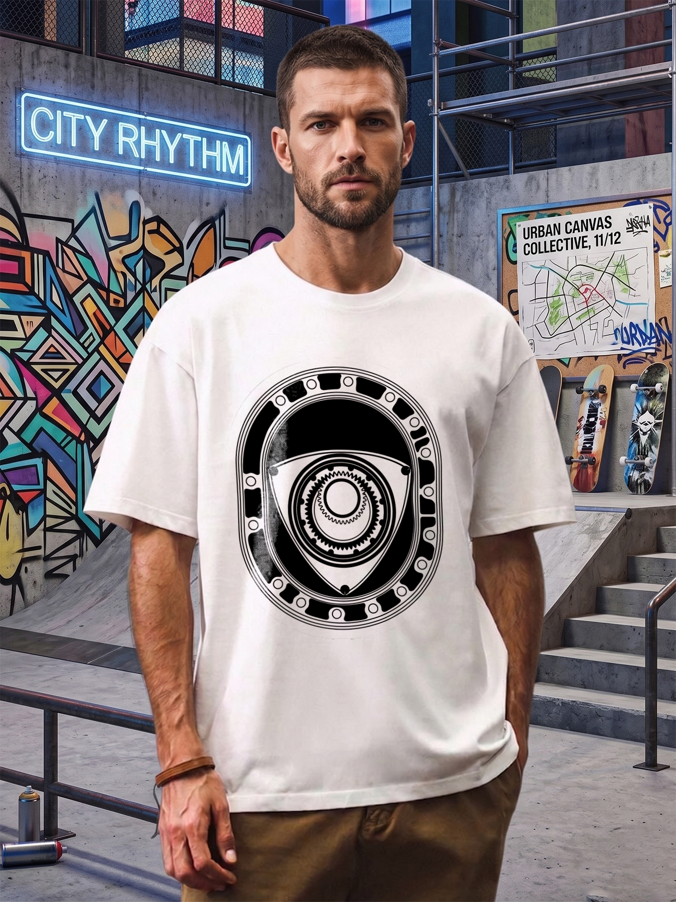 Men's Printed T-Shirt Mechanical Eye Gear Pattern Graphic Round Neck Lightweight Breathable Summer Casual Short Sleeve Tee for Tech Enthusiasts and Engineering Lovers