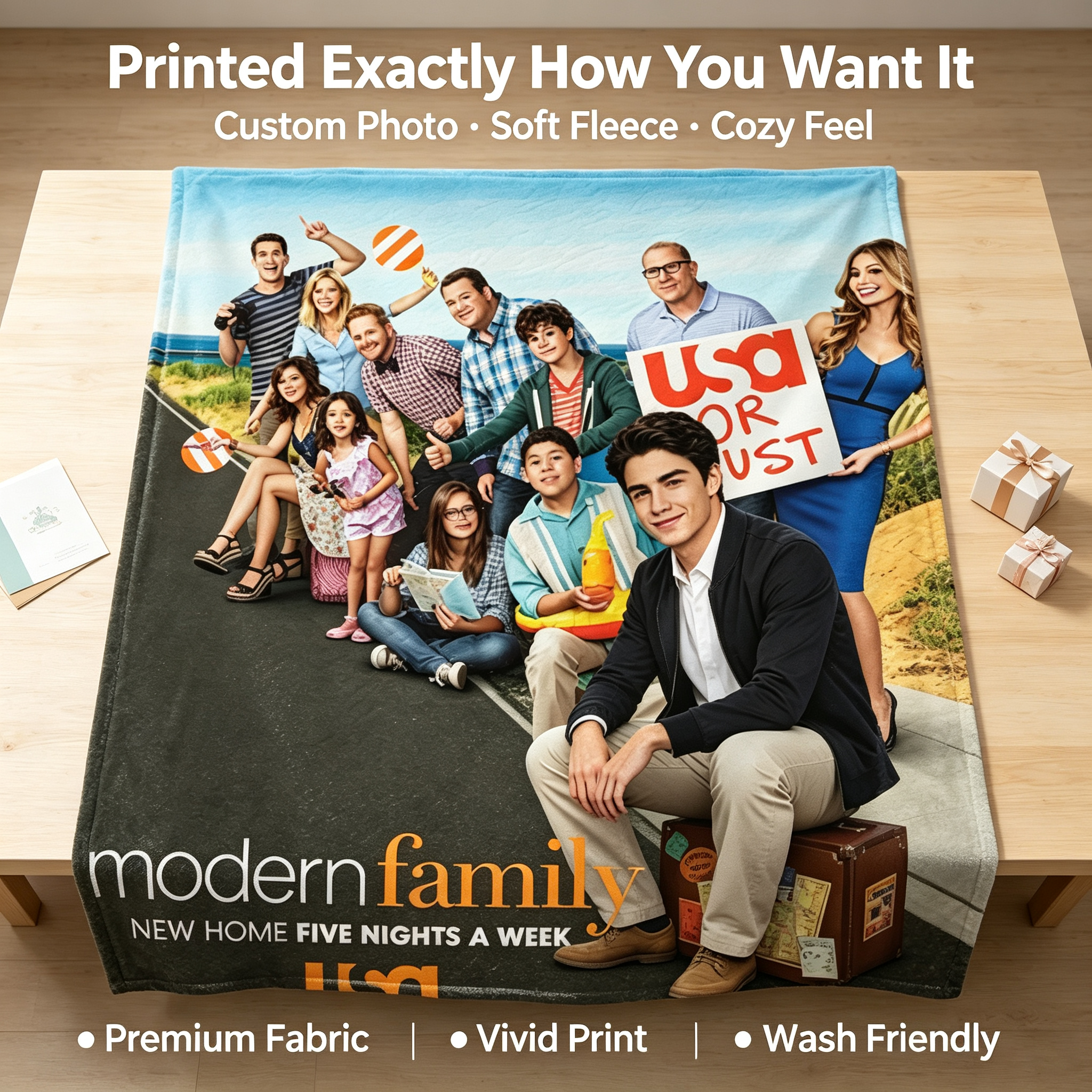 Custom Face Blanket Modern Family Flannel Blanket for Cozy Nights at Home – Perfect Gift or Giveaway for Fans of the USA Network Show