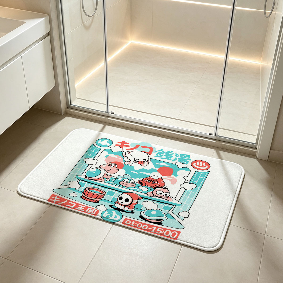 Toad Spa: Mario Characters Relax in Hot Spring, 1:00-15:00 - Flannel floor mat