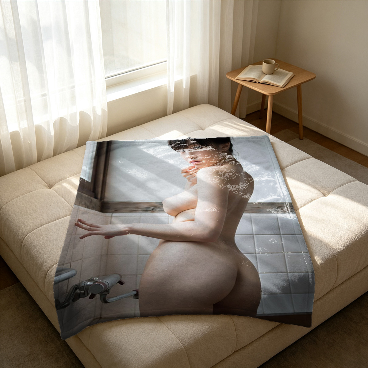 Emma Stone in white top and black panties sitting spread legs on couch. - Blanket