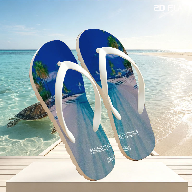 Serene beach with palm trees and turquoise waters under a clear blue sky. -  flip-flops
