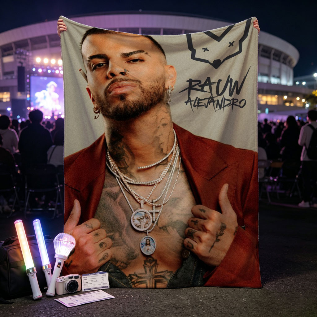 Rauw Alejandro Pose with Tattooed Chest and Multiple Necklaces in Red Blazer - Blankets