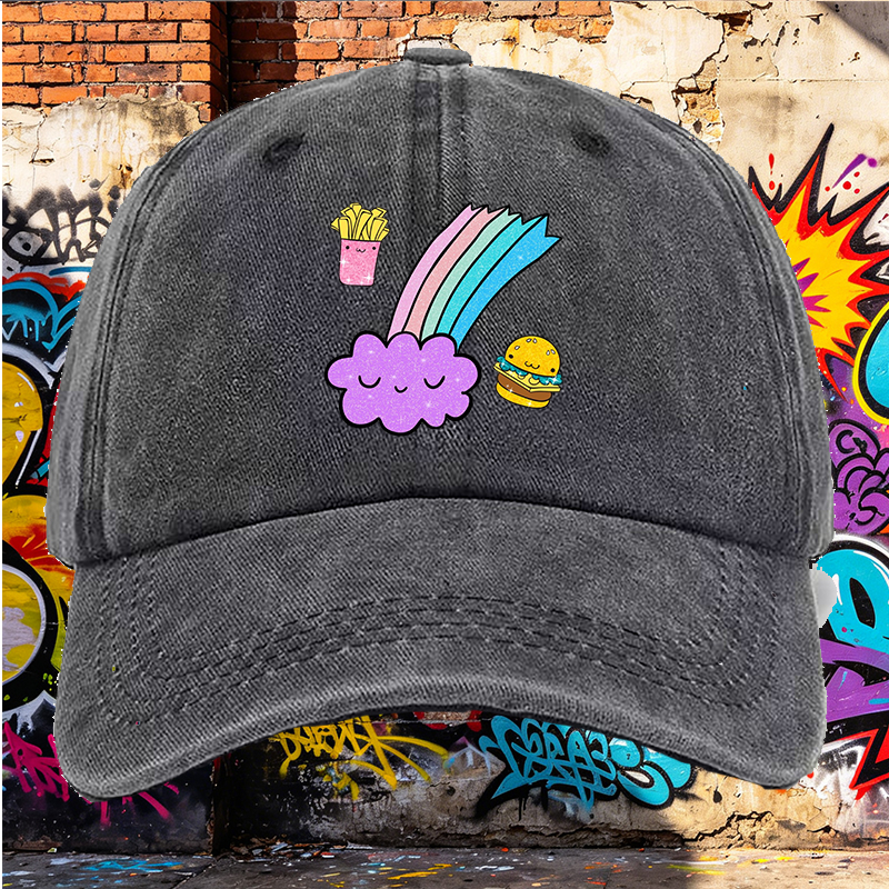 Men's Printed Washed Cap with Cute Rainbow Cloud, Fries and Burger Design - Casual Round Brim Summer Lightweight Hat for Outdoor Activities, Travel, and Daily Wear - Ideal for Young Adults and Trendy Urban Style Lovers