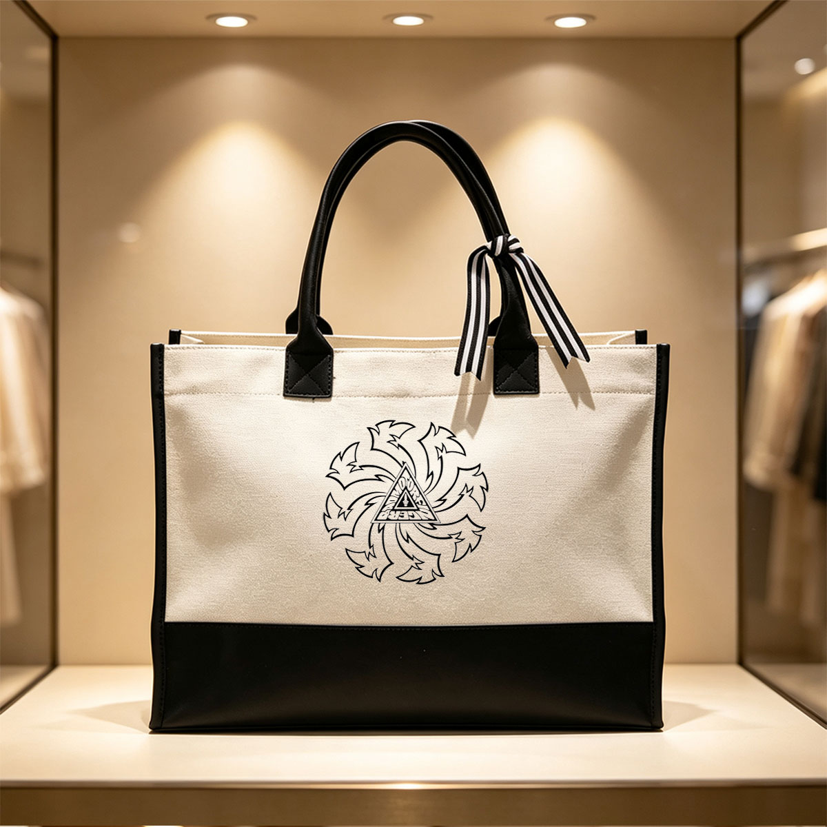Black Outline Mandala with Central Triangle and Symbolic Patterns - Canvas patchwork gift tote bag
