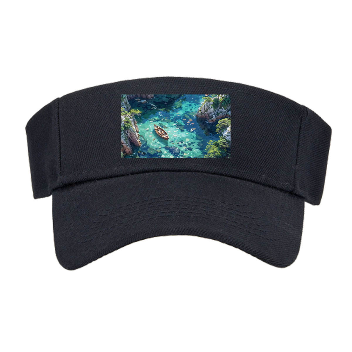 A serene boat floats on crystal-clear waters surrounded by rocky cliffs and blooming flowers. -  Visor cap
