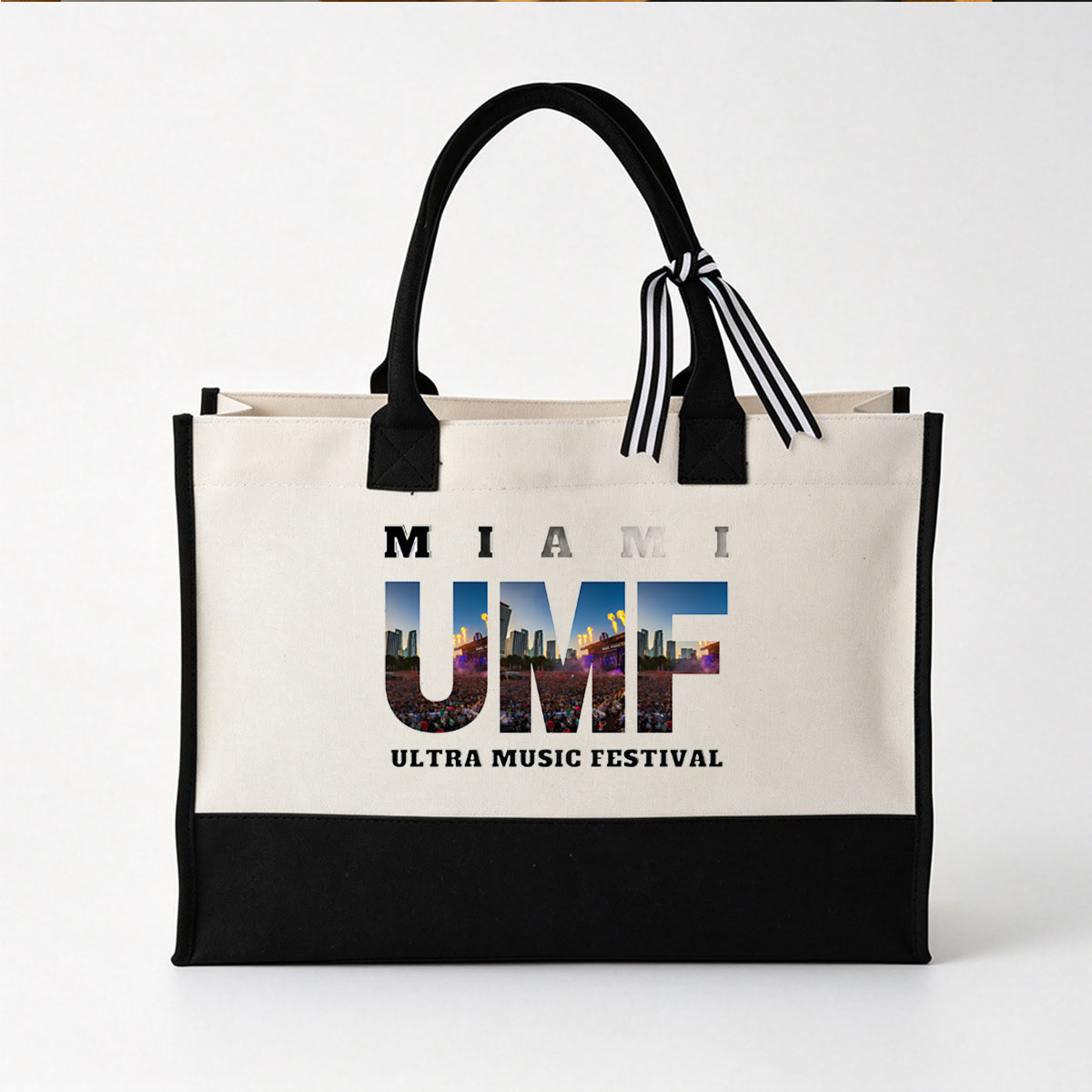 Ultra Music Festival Miami: Crowds, Stages, and City Skyline in Action - Canvas patchwork gift tote bag