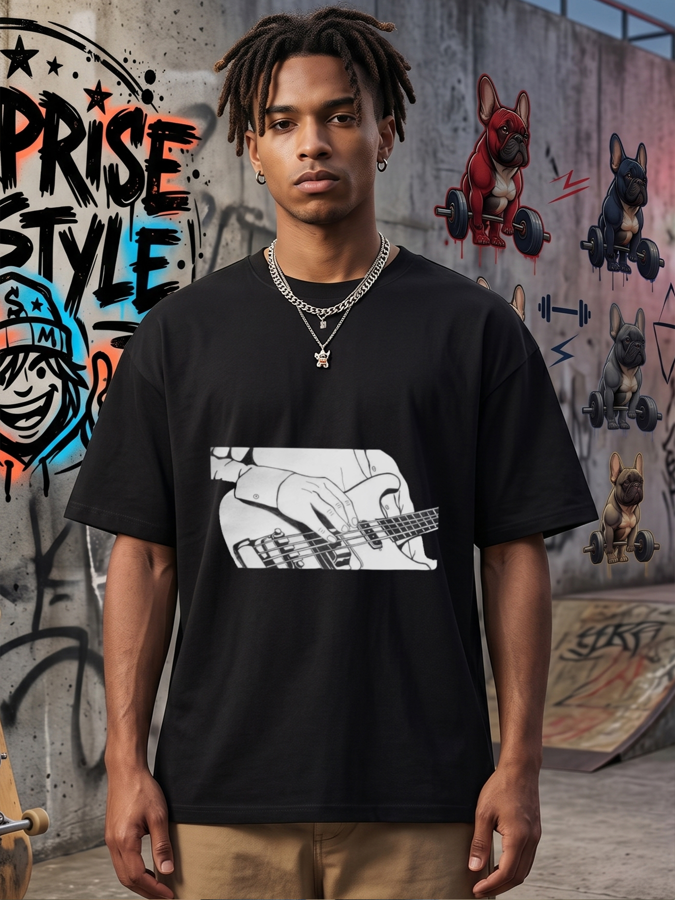 Men's Printed T-Shirt Featuring Bass Guitar Playing Design with Hand and Strings Graphic - Casual Round Neck Lightweight Breathable Summer Short Sleeve Tee for Music Lovers and Musicians