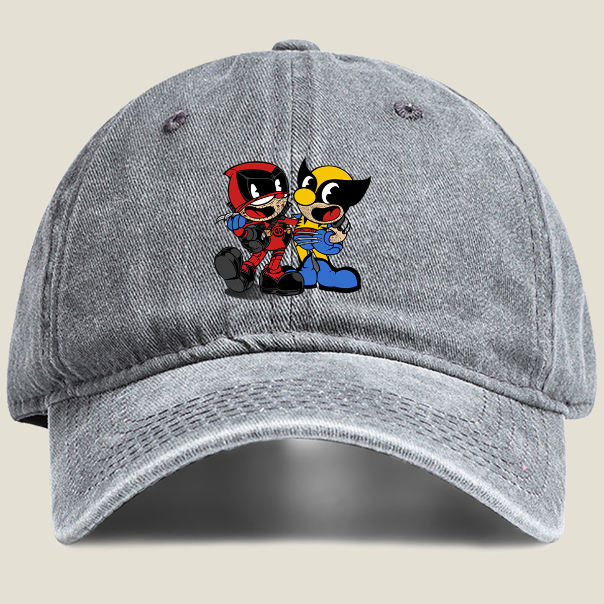 Deadpool and Wolverine Chibi Style - Washed Denim - Baseball Cap