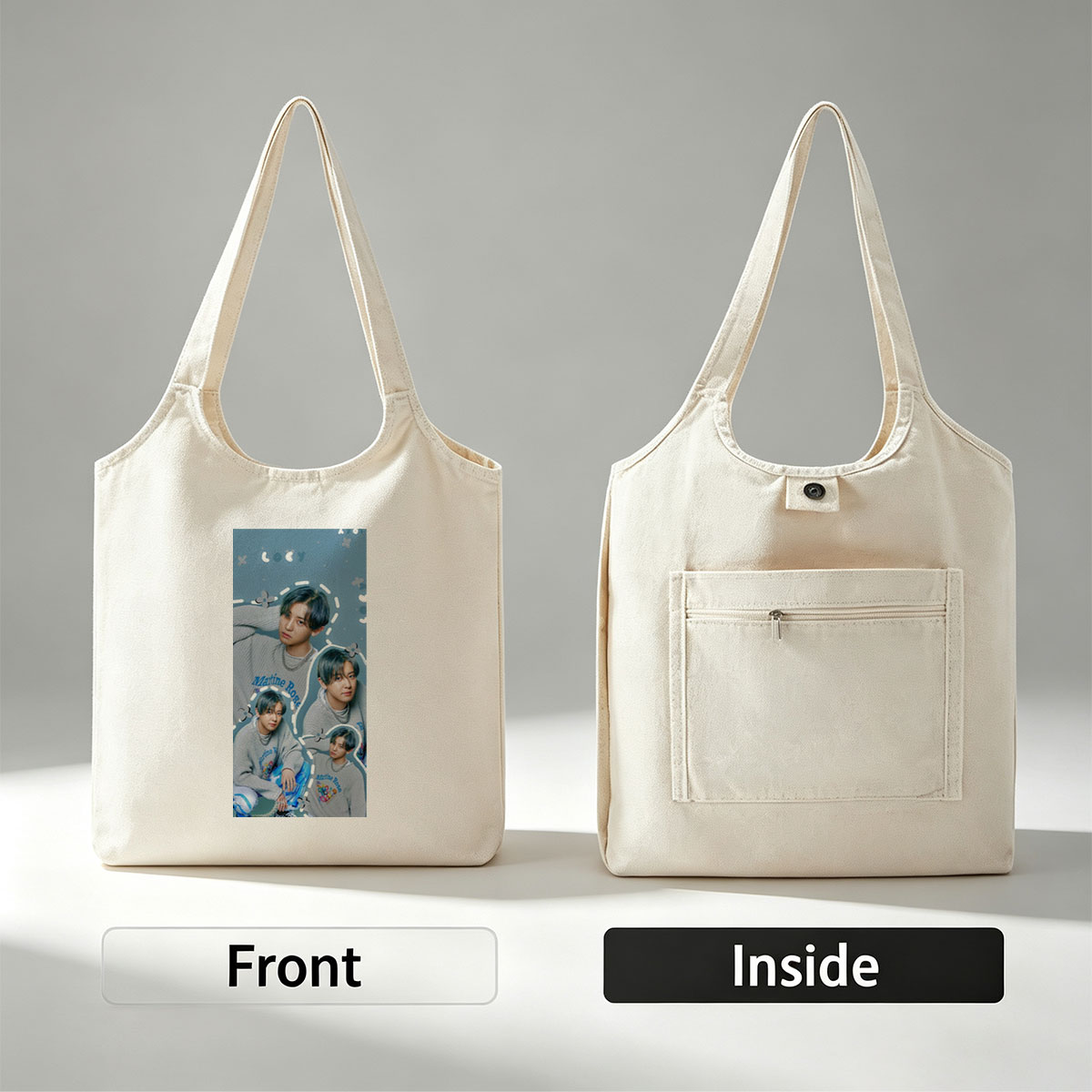 Kai - Multiple Poses in Gray Sweater with Marine Rose Design - Collage Style Photo - Canvas shoulder bags/