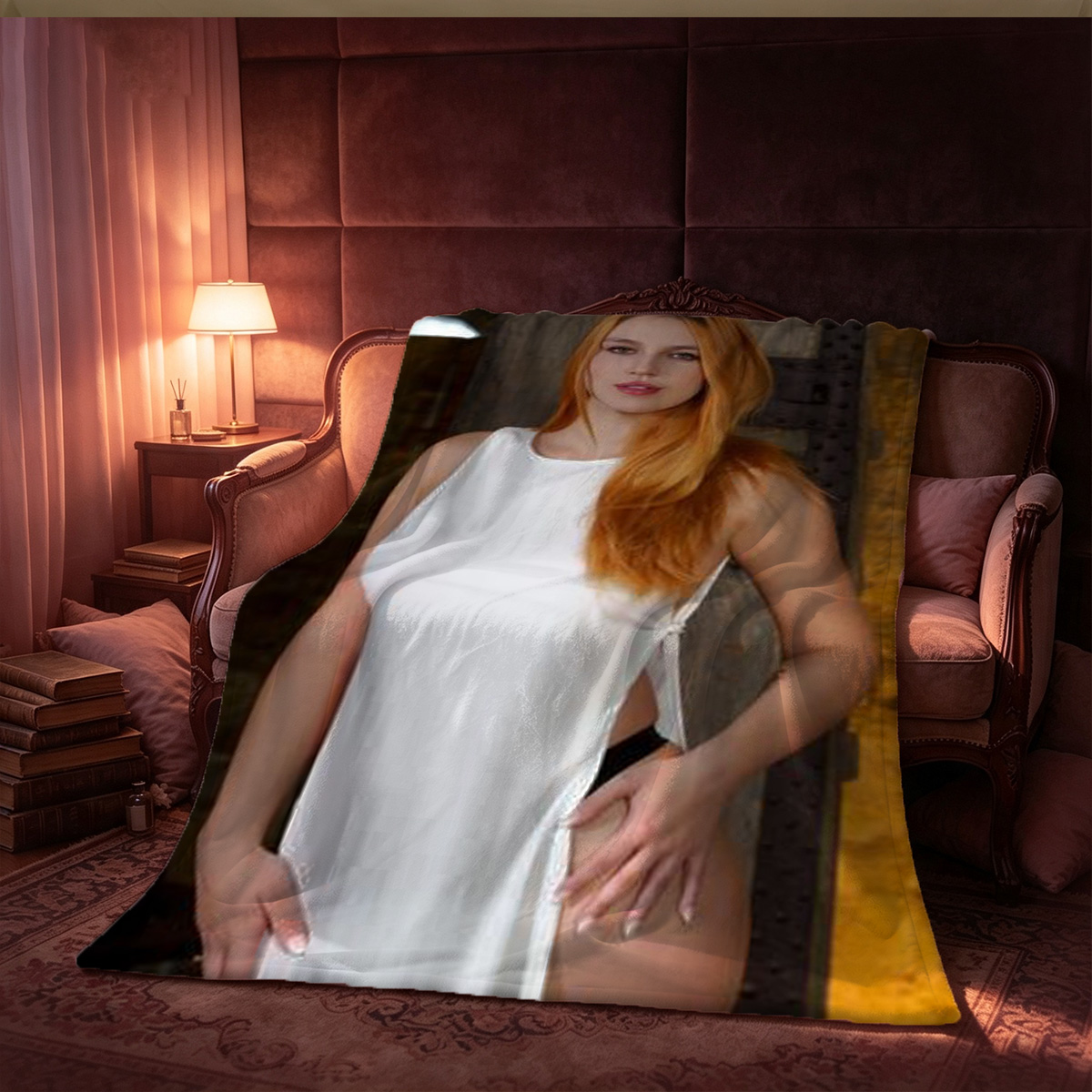 Blonde woman in white crop top and sheer lace panties reclining on couch - Blanket