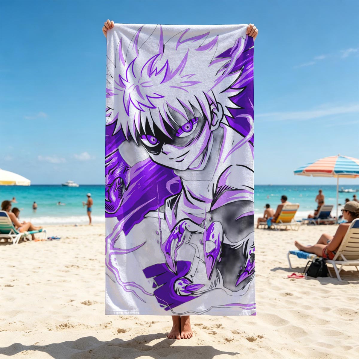 Saitama from One Punch Man in a dynamic pose with purple energy effects - Beach towels