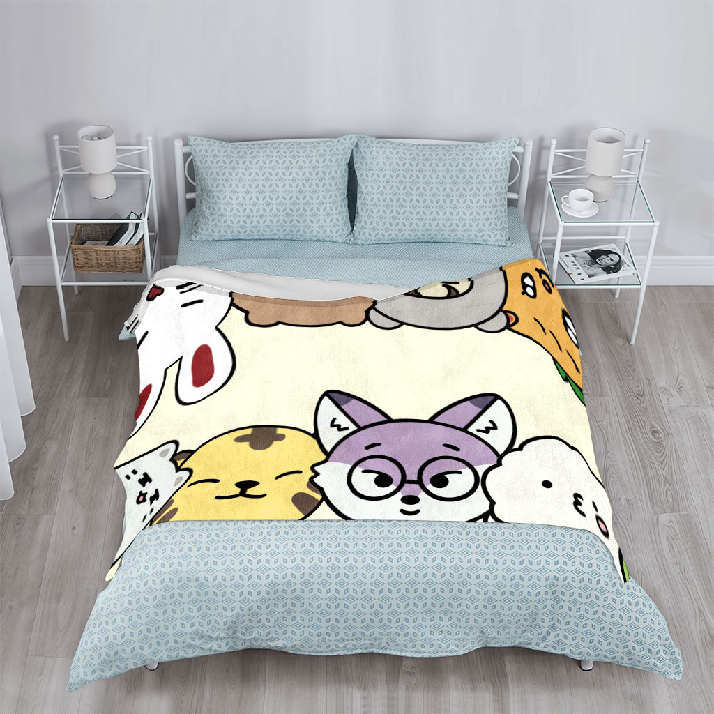 Cute Cartoon Characters in a Playful Pattern with Whimsical Expressions and Bright Colors - Blankets