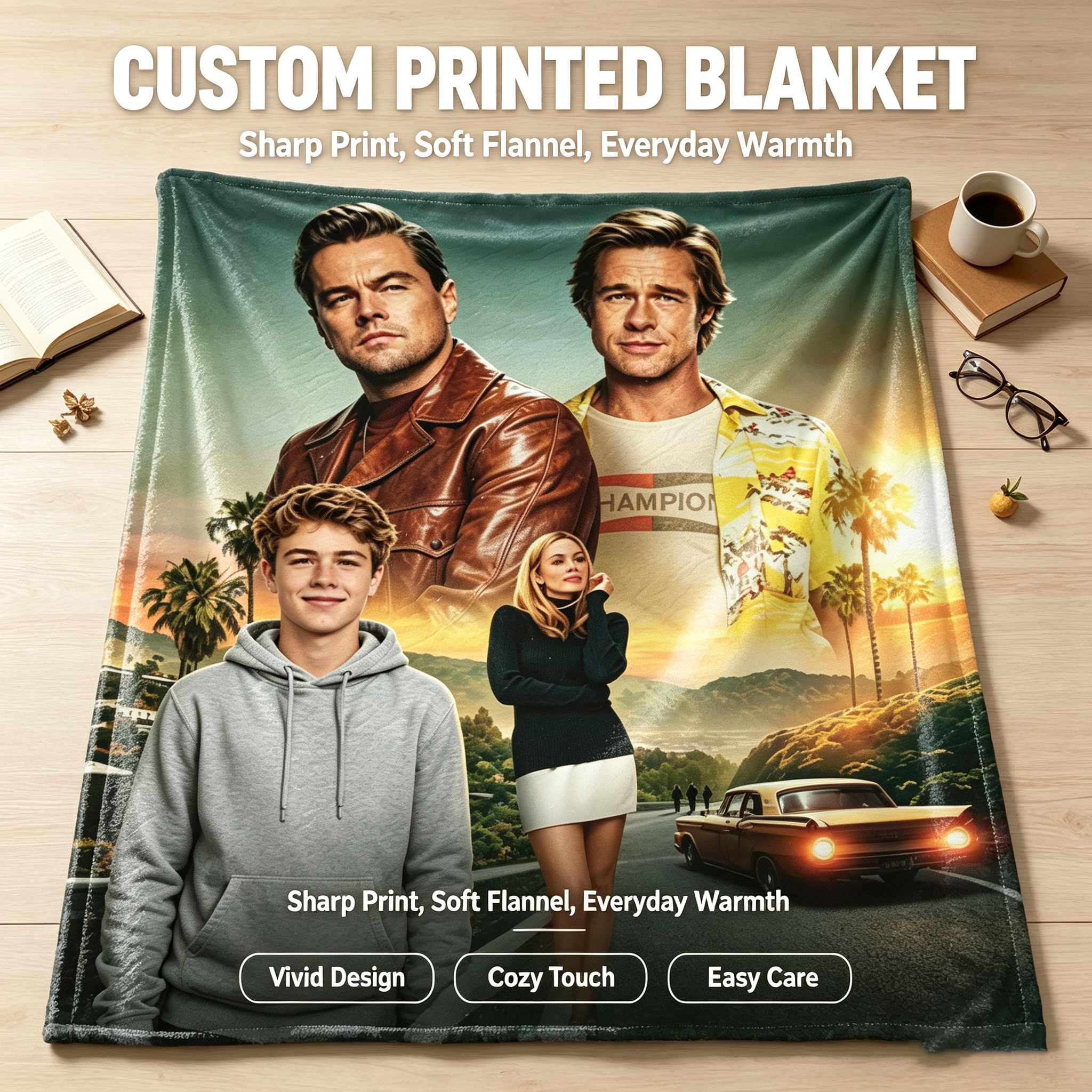Custom Face Blanket Once Upon a Time in Hollywood Movie Characters Flannel Blanket Perfect for Couch or Bed Comfort Ideal Gift for Film Fans and Movie Lovers