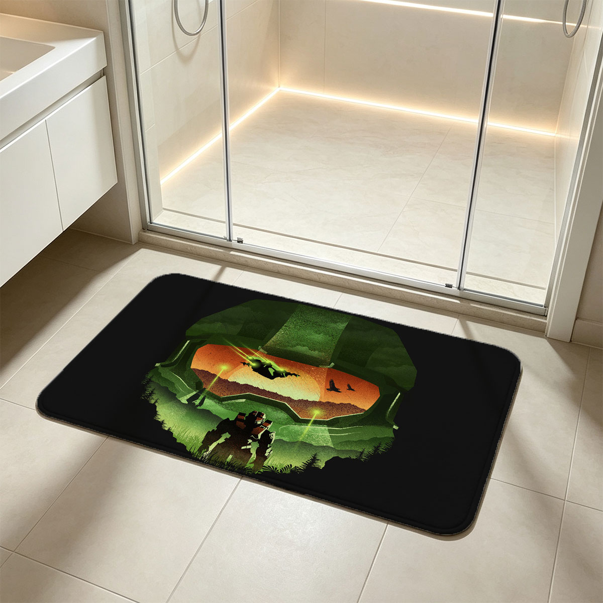 Master Chief Helmet View: Halo Soldier in Forest at Sunset - Flannel floor mat
