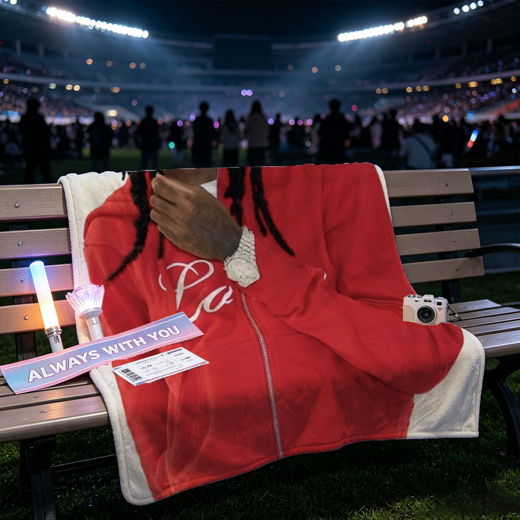 Travis Scott in a Red Hoodie and Bandana, Stylish Streetwear Look - Blankets