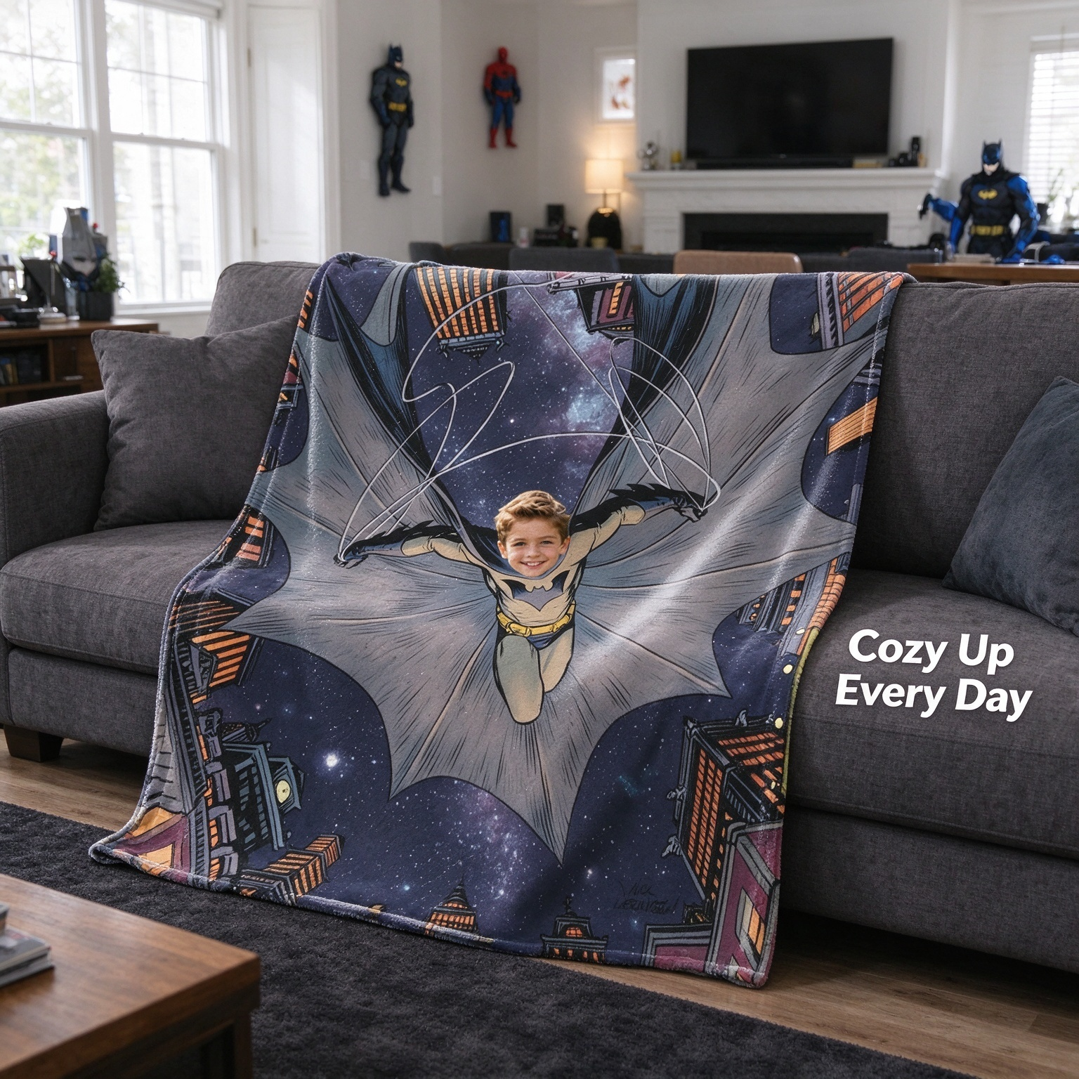 Custom Superhero Face Photo Blanket, Personalized Soft Flannel Throw, Comic Flying Hero Couch Wrap, Unique Memory Gift