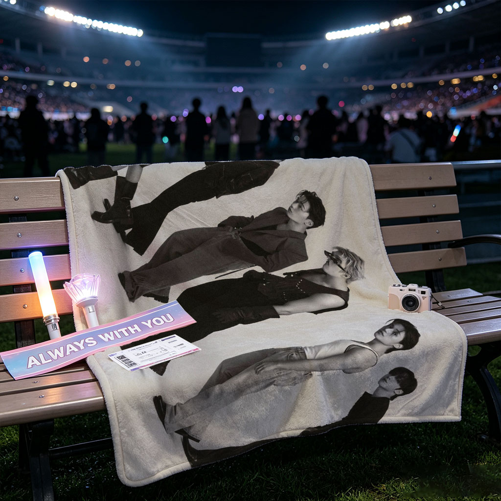BTS Members in a Stacked Pose Against a Minimalist Background - Blankets