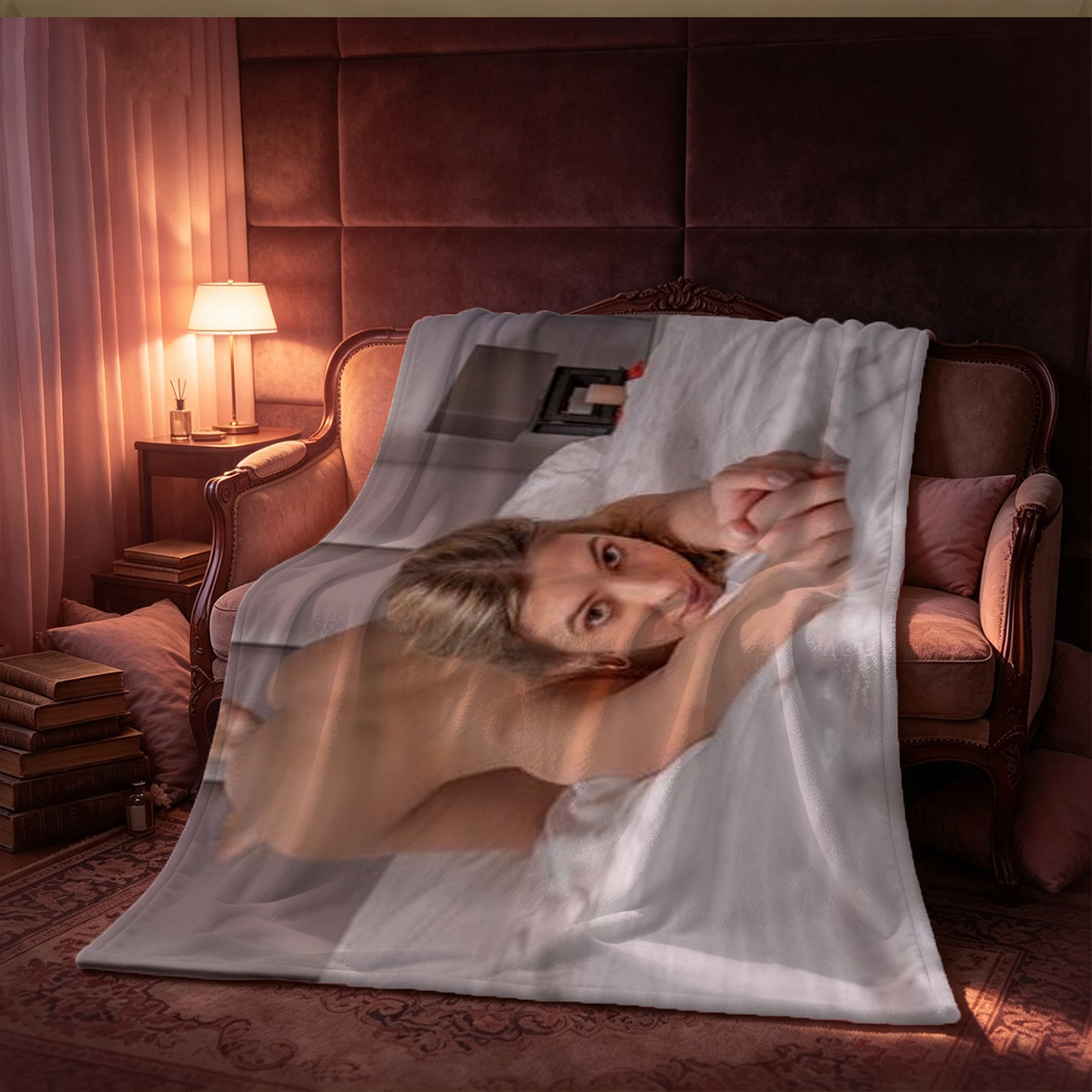 Ahegao blonde cosplayer in black and white Gothic lolita lingerie sprawled on ornate chaise. - Blanket