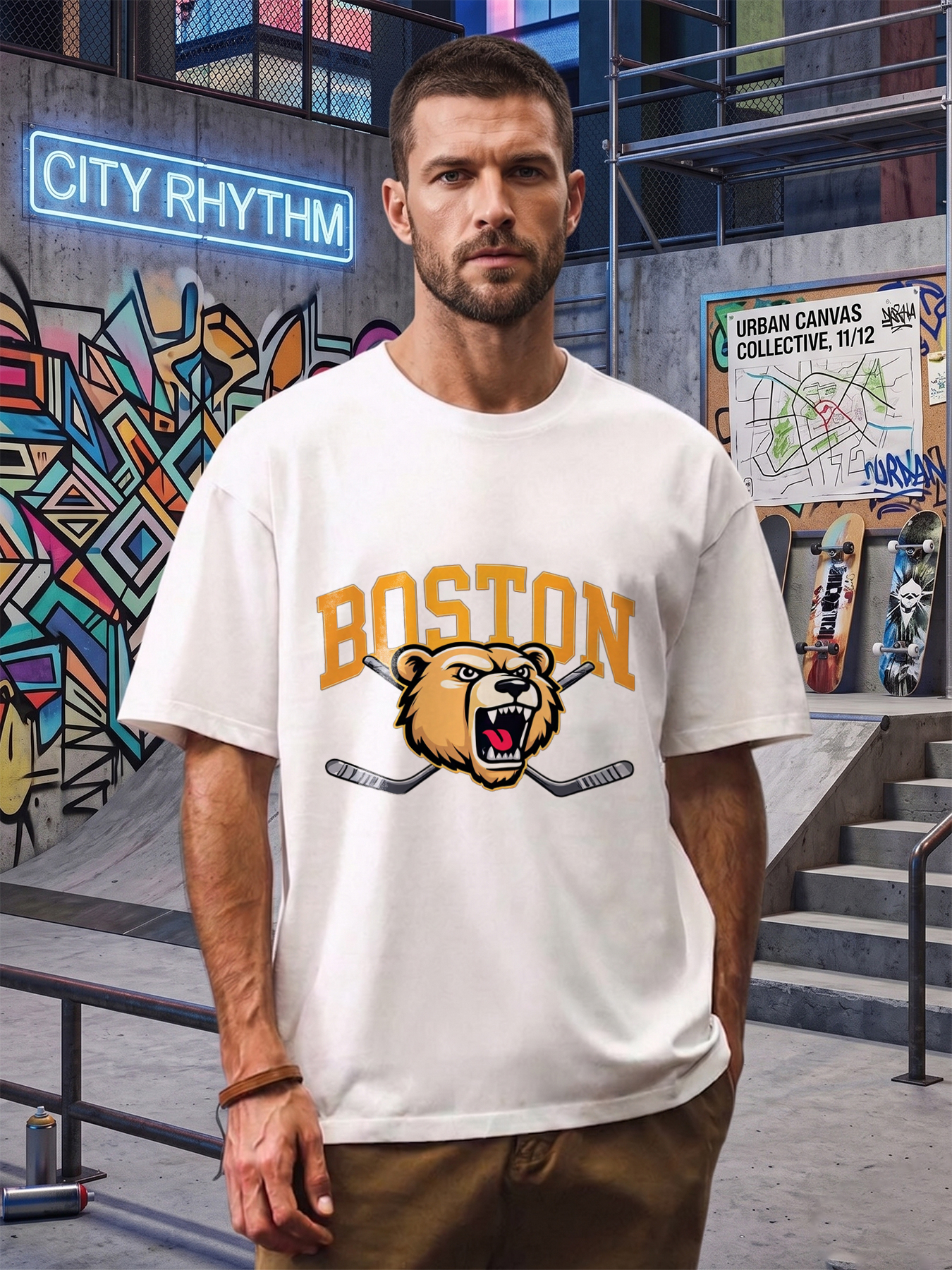 Men's Boston Bear Head Hockey Stick Print T-Shirt Casual Round Neck Summer Lightweight Breathable Short Sleeve Tee for Sports Fans and Outdoor Activities