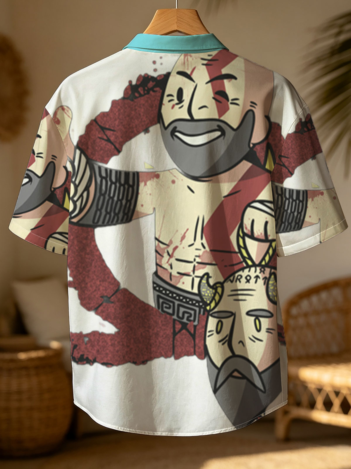 Kratos and Zeus in a stylized battle scene, Kratos giving a thumbs-up with Zeus's head at his feet -  Shirt
