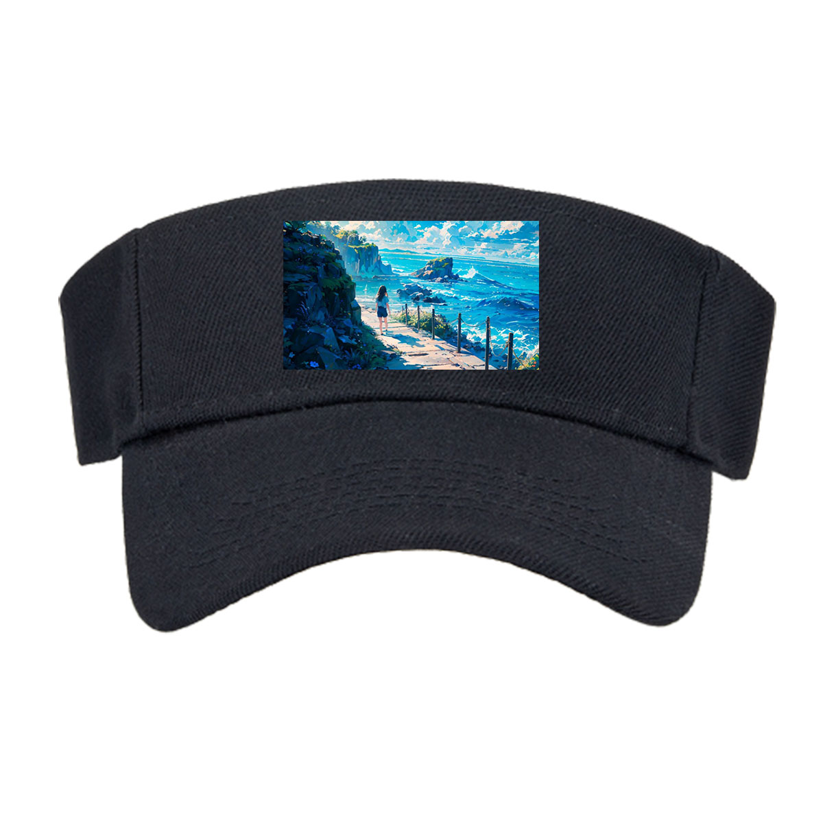 Girl walking on coastal path overlooking turquoise sea and rocky cliffs under bright blue sky -  Visor cap
