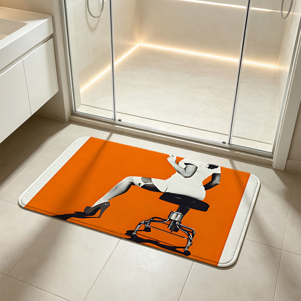 Nurse in White Dress Holding Syringe on Stool Against Orange Background - Flannel floor mat