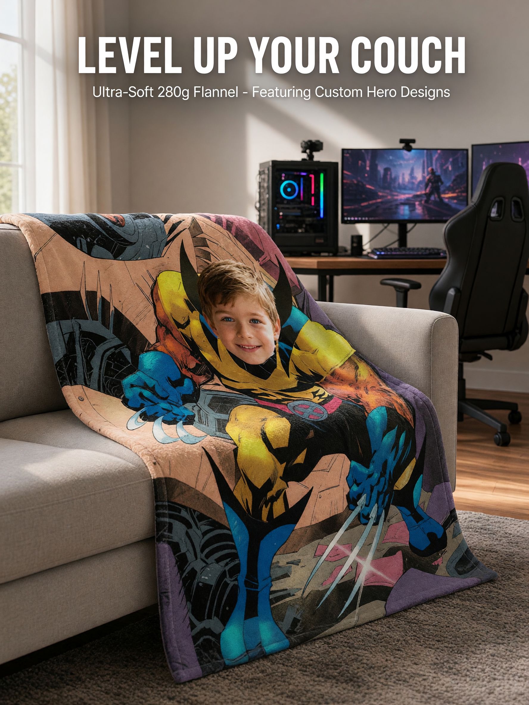 Personalized Custom Face Superhero Comic Flannel Throw Blanket, Ultra Soft Skin Friendly Plush Bed Sofa Blanket Gift