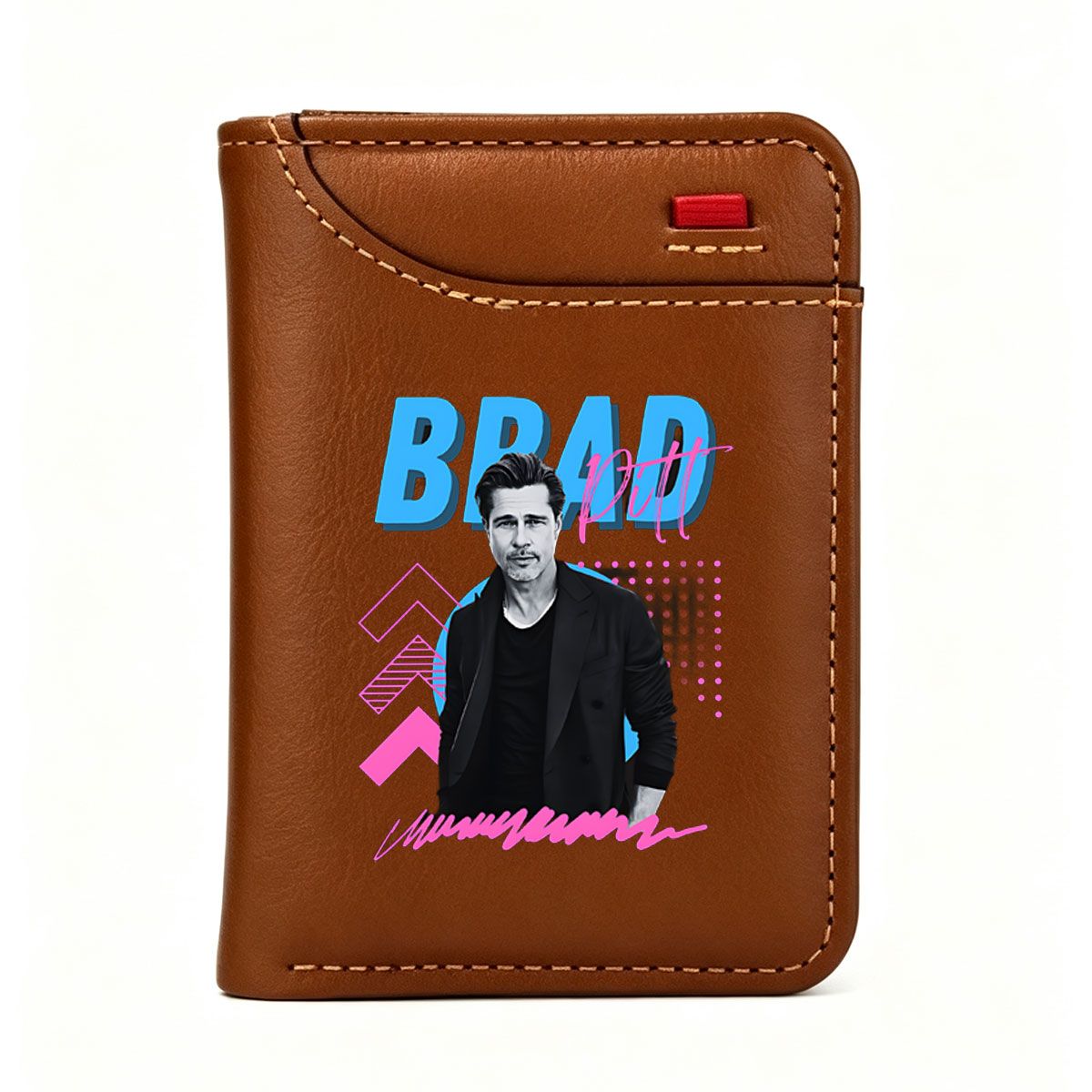 Brad Pitt in a stylish black suit against a vibrant graphic background with bold text and geometric patterns. - Vertical Style Wallet