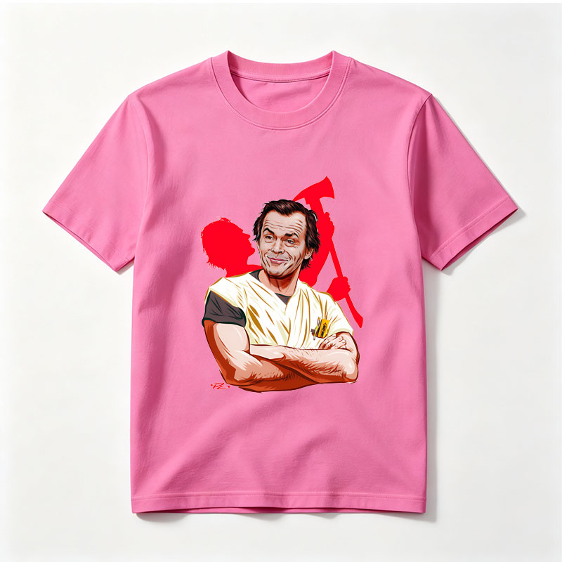 Jack Nicholson as the Joker, iconic villain from Batman, depicted in a stylized caricature with a menacing grin and chaotic red background. - Tee