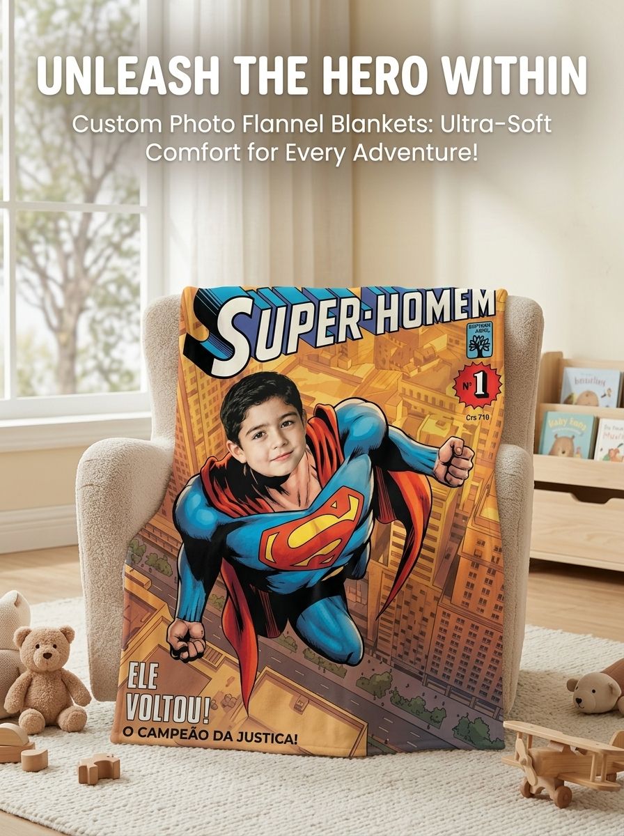 Custom Photo Face Superhero Comic Flannel Blanket Personalized Ultra Soft Fleece Throw for Kids and Adults