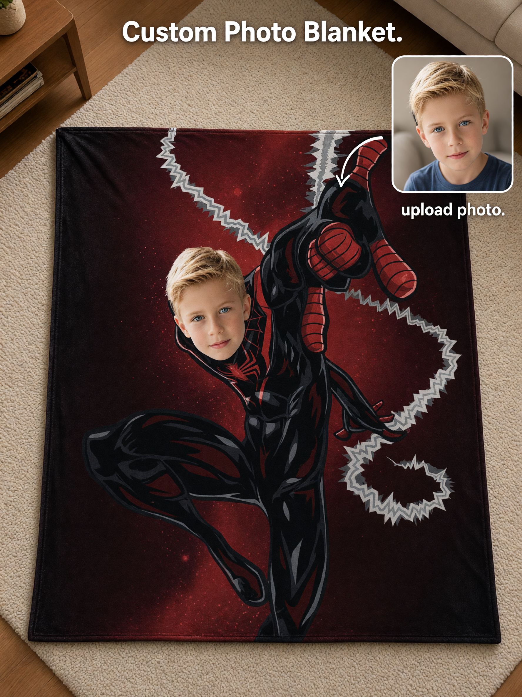 Custom Superhero Face Photo Blanket Personalized Ultra Soft Flannel Throw Cozy Gift for Kids