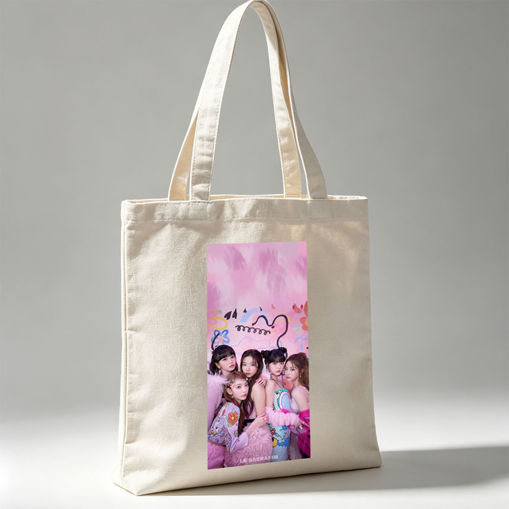 LE SSERAFIM in a Colorful Pink-Themed Photo Shoot with Playful Expressions and Vibrant Outfits - Canvas tote bags