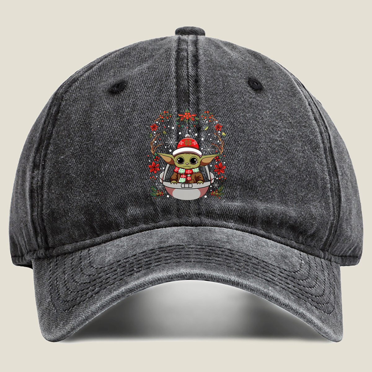 Baby Yoda Christmas Design - Washed Denim - Baseball Cap