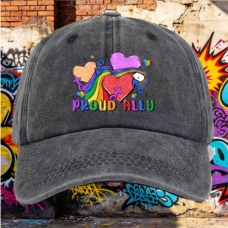 Men's Printed Washed Cap with Rainbow Hearts and 