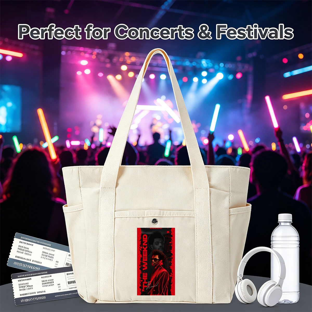 The Weeknd Dark Red Aesthetic Portrait with Bold Typography and Dramatic Lighting - Multi-pocket bags