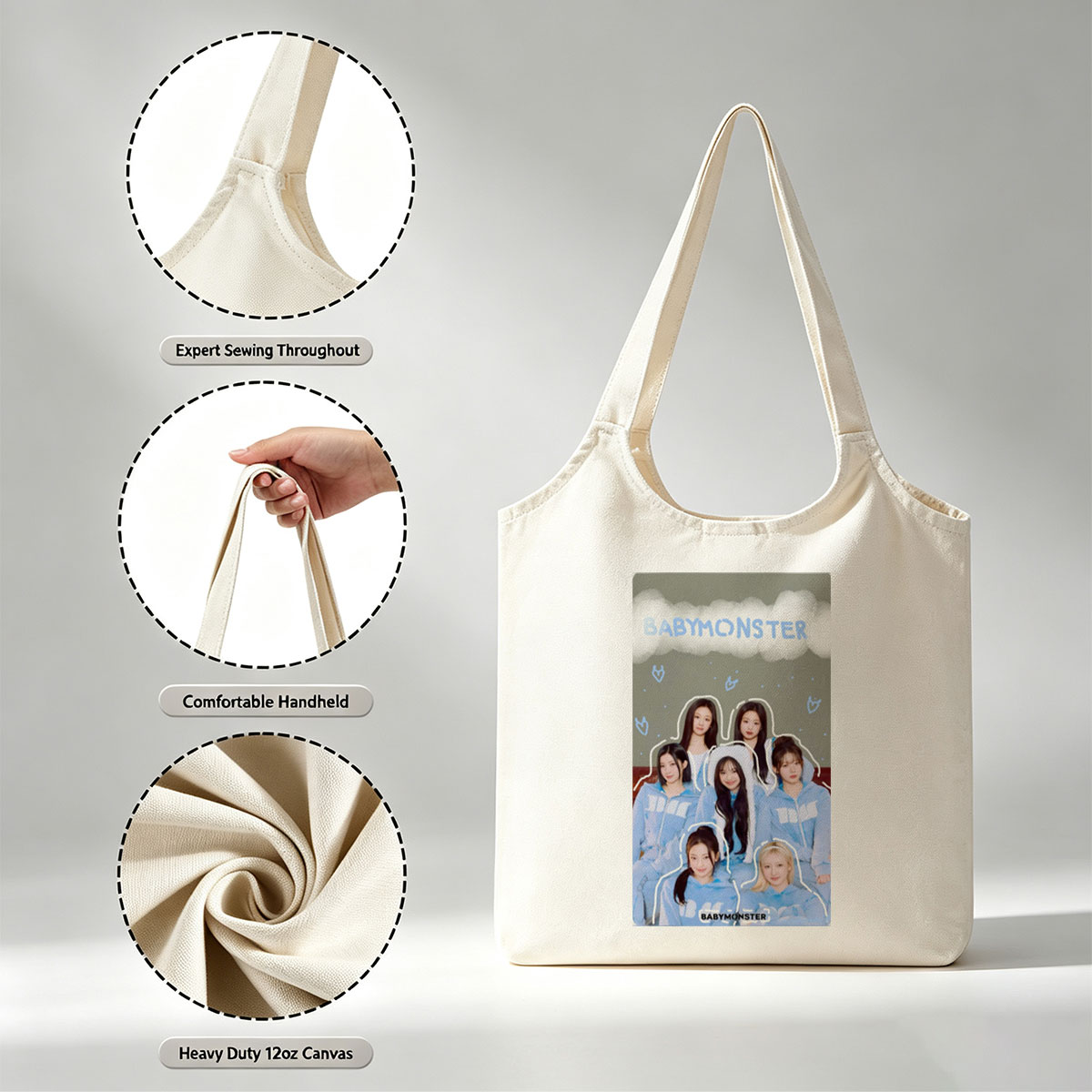BABYMONSTER Group Photo in Matching Blue Hoodies with Cloud and Heart Design Background - Canvas shoulder bags/