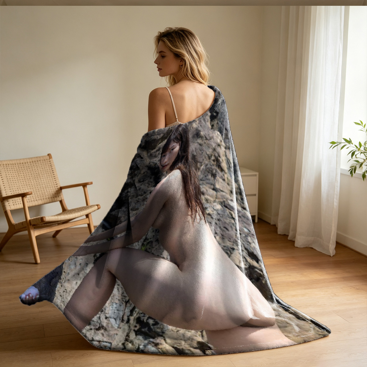Nude Blonde in Red Heels Sitting in Leather Chair by Window - Blanket