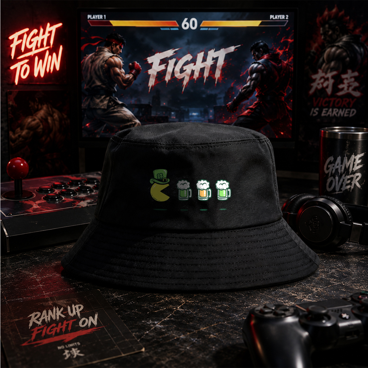 Pac-Man Wears a Leprechaun Hat and Approaches Beer Mugs - Fisherman's Hat